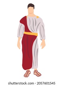 Man in traditional clothes of ancient rome vector illustration on white background. Roman Man in Traditional Clothes, Ancient Rome Citizen Character in White Tunic And Sandals Vector Illustration