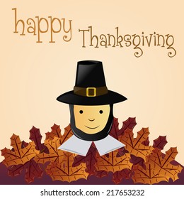 a man with traditional clothes, autumn leaves and text for thanksgiving