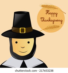 a man with traditional clothes and a round badge with text and wheat for thanksgiving