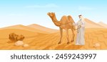 A man in traditional clothing leading a camel in the desert, flat illustration, clear sky background, travel concept. Vector illustration