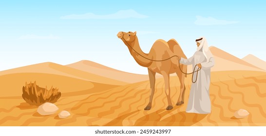 Un hombre con ropa tradicional liderando un camello en el desierto, ilustración plana, fondo de cielo claro, concepto de viaje. Ilustración vectorial