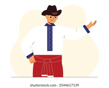 Homem com estilo de roupa tradicional vestindo camisa branca de manga longa com detalhes decorativos na frente, calças vermelhas com um cinto impressionante, vestindo um chapéu de cowboy, ilustração vetorial cigana.