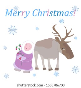 Man in traditional eskimo costume with arctic reindeer with sprig of christmas tree with balls. greeting card vector illustration