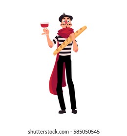 Man in traditional French mime clothing holding wine and baguette as symbols of France, cartoon vector illustration isolated on white background. French man, mime, character with wine and baguette