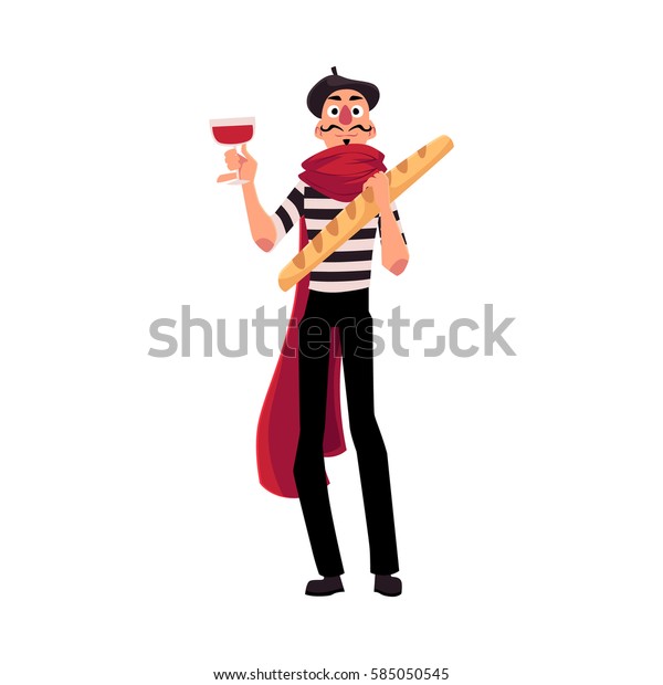 白い背景にワインとバゲットをシンボルに持つ伝統的なフランスのマイム服を着た男性 カートーンベクターイラスト フランス人男性 マイム ワインとバゲットを持つキャラクター のベクター画像素材 ロイヤリティフリー