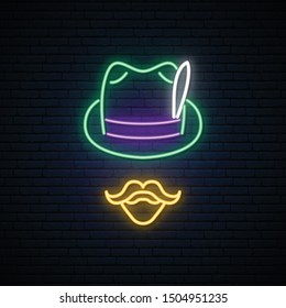 Man in traditional German hat with feather. Oktoberfest neon signboard. Vector illustration.