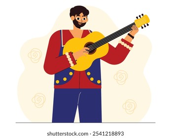 Man in traditional gypsy clothes playing musical instrument, vector illustration.