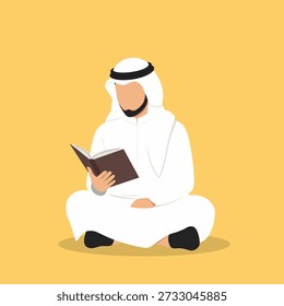 A man in traditional Middle Eastern attire reading a book