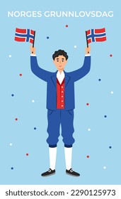 Man in traditional Norwegian costume (bunad) raising national flags. Norway Constitution Day (Norges Grunnlovsdag) greeting card. National holiday 17 May. Vector illustration in flat style.