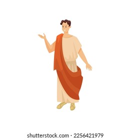 Man in traditional Roman red clothes vector illustration. Adult male character in toga or tunic isolated on white background. History, Ancient Rome or Greece concept