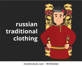 Man in traditional russian clothes. Ethnic decorative floral ornament at dress. Russian folk style hohloma element. Template for banner with text: "russian traditional clothing". Vector illustration.