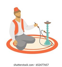 A man in a traditional Turkish suit and fez sits in Turkish and smokes a hookah flat style vector illustration.