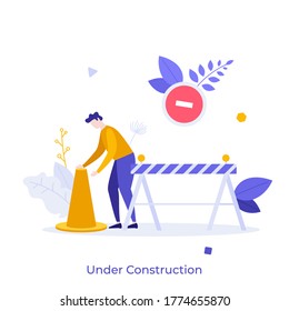 Man With Traffic Cone, Road Safety Barrier. Concept Of Website Under Construction, Error 404, Restricted Access, Repairing Services, Street Maintenance. Modern Flat Vector Illustration For Banner.