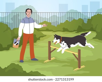 Man train dog. Guy teaches pet to take obstacles, husky with owner outdoor, animal sport activities on playground, executing commands, cartoon flat characters, tidy vector concept