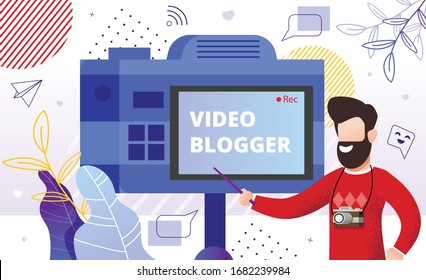 Hombre Entrenador Vlogger Compartiendo Secretos y Recomendaciones de Video Blogger de pie cerca de la cámara en el palo. Producción De Películas De Creación De Vlog. Educación gráfica en movimiento. Estrategia de marketing y asesoramiento de contenido