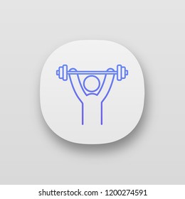 Man training with barbell app icon. Physical exercises. Healthy lifestyle. Workout, bodybuilding. Stress prevention, treatment. UI/UX interface. Web or mobile application. Vector isolated illustration