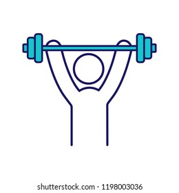 Man training with barbell color icon. Physical exercises. Healthy lifestyle. Workout, bodybuilding. Stress prevention and treatment. Isolated vector illustration