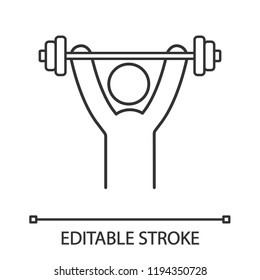 Man training with barbell linear icon. Physical exercises. Thin line illustration. Healthy lifestyle. Workout, bodybuilding. Contour symbol. Vector isolated outline drawing. Editable stroke