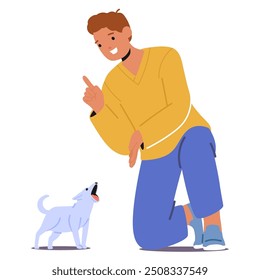 Homem Treinando Um Cão Barking Usando Comandos. O Personagem Masculino Está Ajoelhado, Apontando E Guiando O Cão, Destacando O Conceito De Treinamento E Comunicação De Animais De Estimação. Ilustração de vetor de desenhos animados