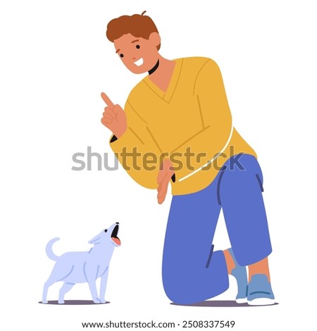 Man Training A Barking Dog Using Commands. Male Character Is Kneeling, Pointing, And Guiding The Dog, Highlighting The Concept Of Pet Training And Communication. Cartoon Vector Illustration