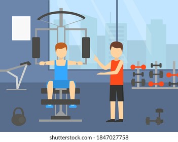 Man Training Chest Muscles on Sports Machine in Gym, Active Healthy Lifestyle, Indoor Sports with Personal Trainer Vector Illustration