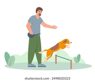 Man training dog. Happy dog jumping over barrier and following commands of trainer. Pet and owner spending time together. Vector flat illustration isolated on white background.