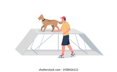 Man training dog on obstacle course flat color vector detailed character. Obedient doggy. Competition and contest for animals isolated cartoon illustration for web graphic design and animation