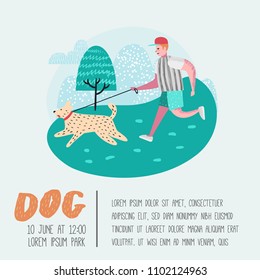 Man Training Dog in the Park. Dog Poster, Banner. Character Walking Outside with Pet. Vector illustration