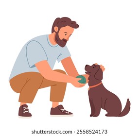 A man is training a dog to play ball. Cartoon Vector Concept Of Pet Training, Exercise, And Outdoor Recreation