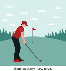 un hombre entrenando golf en el día soleado - coloridas ilustraciones planas