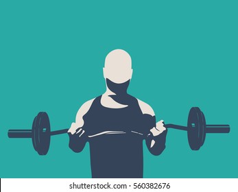 Man training in a gym. biceps workout. Rod as equipment. Isolated silhouette of a bald man with a beard in a vest