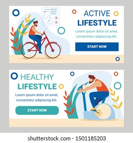 Man Training in Gym on Exercise Bicycle and Riding Real Bike Outdoors. Sports Healthy Active Lifestyle Workout, Cardio Exercising Biking Sport Cartoon Flat Vector Illustration, Horizontal Banners Set