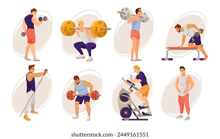 Man training gym set. Active strong men exercise equipment, lift dumbbell, weight. Weightlifter workout indoor. Exercise equipment activity. Vector illustration