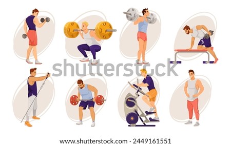 Man training gym set. Active strong men exercise equipment, lift dumbbell, weight. Weightlifter workout indoor. Exercise equipment activity. Vector illustration