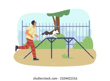 Hombre entrenando a su compañero de frontera Perro en la agilidad campo de ilustración de vector plano. Perro que pasa la diapositiva de la carpa, el dueño corre a su lado. Paisaje veraniego.