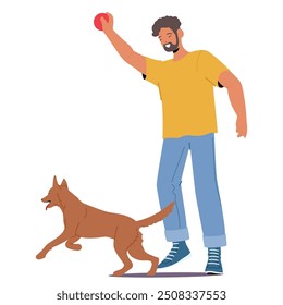 Man Training His Dog With A Ball During A Play Session. Character Appears Happy, While The Dog Looks Excited And Engaged. Cartoon Vector Concept Of Pet Training, Exercise, And Outdoor Recreation