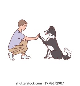 Man training his dog to give a paw, sketch line vector illustration isolated on white background. Dogs training and education for obedience and discipline.