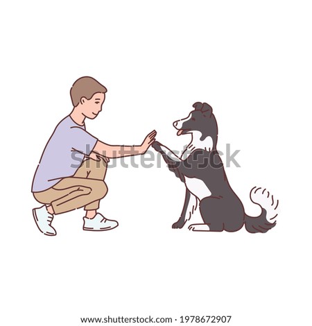 Man training his dog to give a paw, sketch line vector illustration isolated on white background. Dogs training and education for obedience and discipline.