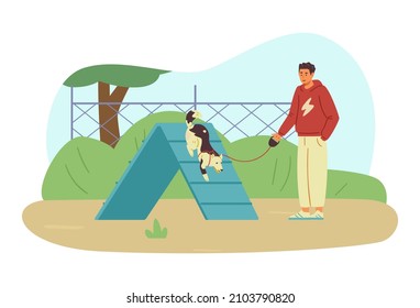 Man training his dog on agility field flat vector illustration. Dog passing boarder slide, owner standing alondside holding leash. 