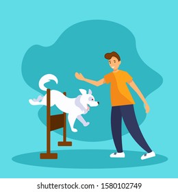 Man training his dog's agility with a jump bar. Smiling young man and happy dog playing together. White dog jumping over an obstacle. Flat vector Illustration in cartoon style.