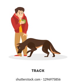 Man training his pet dog. Track command. Animal obedience. Pet owner teach and train puppy. Isolated vector cartoon illustration