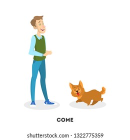 Man training his pet dog. Come command. Animal obedience. Pet owner teach and train puppy. Isolated vector cartoon illustration