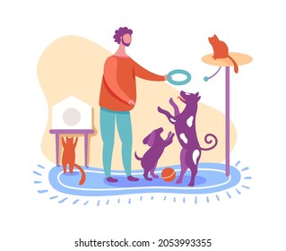 Man training home animals, play with dog. Vector training pet at home, characters friendship, puppy dog and cat, man playing illustration
