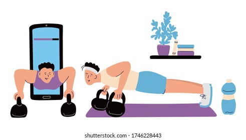 A man training  at home with his coach in a smartphone. They do push-ups using kettlebells. Online workout concept.  Vector illustration isolated on white.