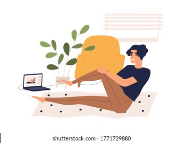 Man training at home watching online classes vector flat illustration. Male doing fitness exercise looking video course on laptop isolated on white. Guy practicing sport enjoying healthy lifestyle