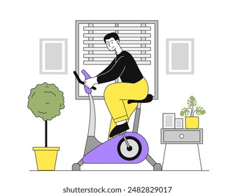 Man training at home. Young guy on exercise bike. Cardio training and weight loss. Active lifestyle and sports. Cyclist practice indoors. Linear vector illustration isolated on white background