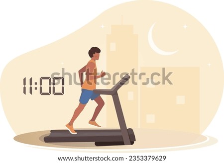 Man training at night, running on a treadmill, vector