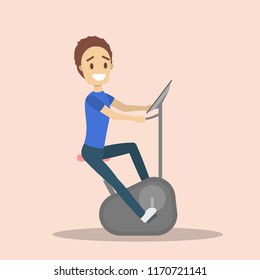Man training on the exercise bike in the gym. Sport and healthy lifestyle. Isolated flat vector illustration