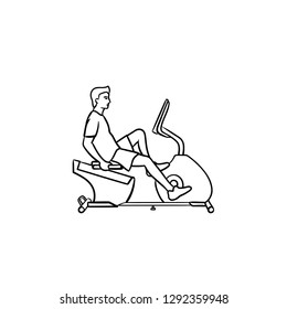 Entrenamiento del hombre en el icono del doodle dibujado a mano en bicicleta de ejercicios. Fitness y salud, concepto de ejercicios de gimnasia. Ilustración vectorial para impresión, web, móvil e infografía sobre fondo blanco.