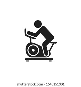 Hombre entrenando en el icono de la bicicleta estática. Icono del vector aislado en fondo blanco